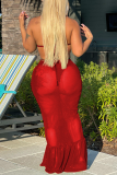Red Sexy Party Solid Patchwork See-through Mesh Halter Sleeveless Two Pieces