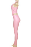 Pink Casual Solid Backless Spaghetti Strap Sleeveless Two Pieces