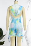 Cyan Casual Print Tie Dye Patchwork Backless Hooded Collar Skinny Rompers