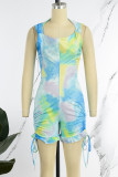 Cyan Casual Print Tie Dye Patchwork Backless Hooded Collar Skinny Rompers