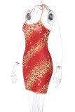 Orange Sexy Casual Print Backless Halter Sleeveless Dress Dresses