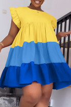 Yellow Casual Patchwork Contrast O Neck A Line Dresses