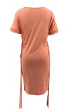 Orange Casual Print Basic O Neck Short Sleeve Dress