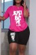 Black Rose Red Casual Print Letter O Neck Short Sleeve Two Pieces
