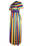 Rainbow Color Fashion Casual Striped Print Bandage V Neck Plus Size Two Pieces