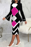 Blue Casual Print Patchwork O Neck One Step Skirt Dresses