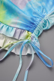 Cyan Casual Print Tie Dye Patchwork Backless Hooded Collar Skinny Rompers