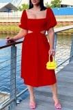Red Casual Solid Hollowed Out Backless Square Collar One Step Skirt Short Sleeve Dress