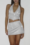 Silver Sexy Solid Patchwork Asymmetrical Halter Sleeveless Two Pieces