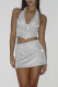 Silver Sexy Solid Patchwork Asymmetrical Halter Sleeveless Two Pieces