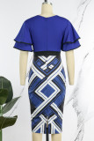 Blue Casual Print Patchwork With Bow O Neck One Step Skirt Dresses