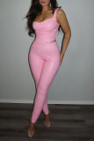 Pink Casual Solid Backless Spaghetti Strap Sleeveless Two Pieces