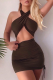 Brown Sexy Street Solid Draw String Backless Halter One Step Skirt Dresses
