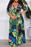 Yellow Casual Print Patchwork With Belt V Neck Long Dress Plus Size Dresses