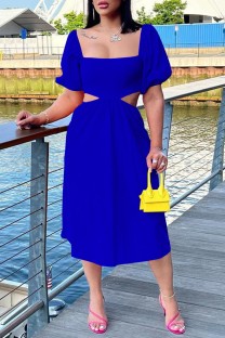 Blue Casual Solid Hollowed Out Backless Square Collar One Step Skirt Short Sleeve Dress