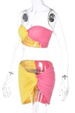 Yellow Sexy Solid Patchwork Backless Contrast Strapless Sleeveless Two Pieces