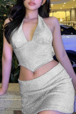 Silver Sexy Solid Patchwork Asymmetrical Halter Sleeveless Two Pieces