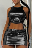 Dark Gray Sexy Street Celebrities Solid Cross Straps Reflective O Neck Sleeveless Two Pieces