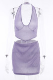 Silver Sexy Solid Patchwork Asymmetrical Halter Sleeveless Two Pieces