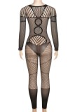 Black Sexy Solid See-through O Neck Skinny Jumpsuits