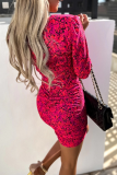 Fuchsia Casual Street Print Patchwork Fold V Neck One Step Skirt Dresses