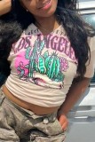 Khaki Casual Print Basic V Neck T-Shirts