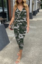 Grey Sexy Casual Print Backless Spaghetti Strap Regular Jumpsuits