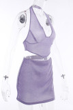 Silver Sexy Solid Patchwork Asymmetrical Halter Sleeveless Two Pieces