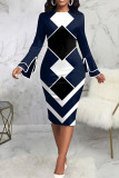 Blue Casual Print Patchwork O Neck One Step Skirt Dresses