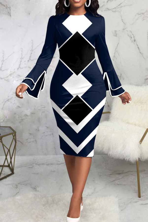 Blue Casual Print Patchwork O Neck One Step Skirt Dresses