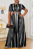 Black Casual Striped Print Bandage O Neck Short Sleeve Dress Plus Size Two Pieces
