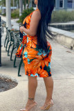 Orange Sexy Casual Celebrities Floral Frenulum V Neck One Step Skirt Dresses(With Belt)