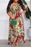 Yellow Casual Print Patchwork With Belt V Neck Long Dress Plus Size Dresses