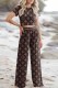 Dark Brown Street Print Letter O Neck Short Sleeve Two Pieces
