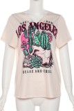 Khaki Casual Print Basic V Neck T-Shirts