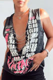 Black Sexy Street Letter Metal Accessories Decoration V Neck Tops