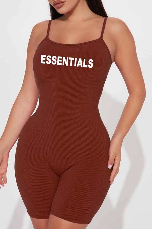 Brown Street Print Letter Spaghetti Strap Rompers