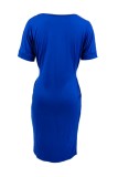 Gray Blue Casual Print Basic O Neck Short Sleeve Dress