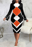 Blue Casual Print Patchwork O Neck One Step Skirt Dresses