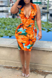 Orange Sexy Casual Celebrities Floral Frenulum V Neck One Step Skirt Dresses(With Belt)