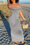 Grey Sexy Casual Solid Backless Spaghetti Strap Long Dress Dresses
