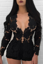 Black Sexy Street Solid Lace Hollowed Out Patchwork V Neck Two Pieces