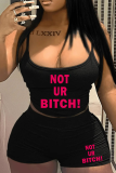 Black Sexy Print Letter Spaghetti Strap Sleeveless Two Pieces