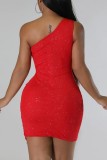 Red Sexy Solid Patchwork Backless Slit Oblique Collar Sleeveless Dress Dresses