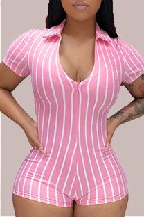 Pink Sexy Casual Street Striped Turndown Collar Skinny Jumpsuits