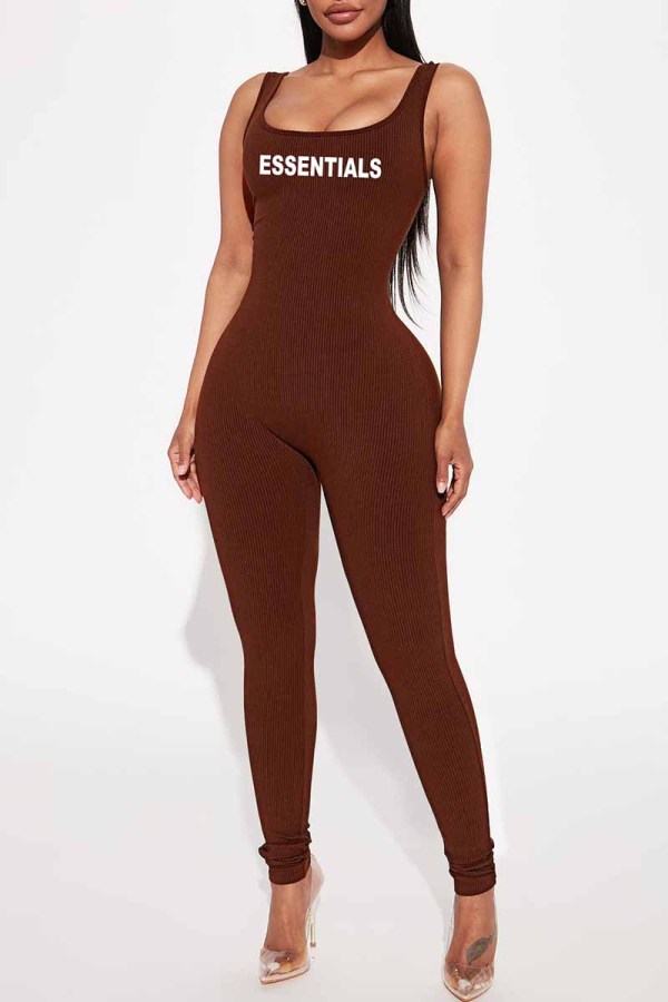 Brown Street Print Letter U Neck Jumpsuits