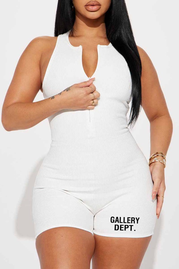 White Sportswear Print Letter Zipper Collar Rompers