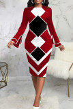 Blue Casual Print Patchwork O Neck One Step Skirt Dresses