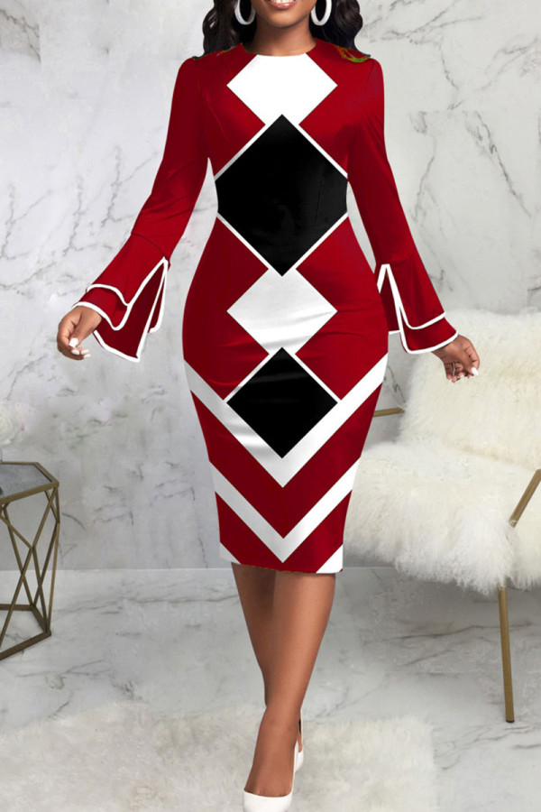 Burgundy Casual Print Patchwork O Neck One Step Skirt Dresses