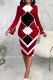 Burgundy Casual Print Patchwork O Neck One Step Skirt Dresses